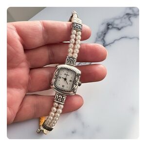 BRIGHTON Vintage Luxury Faux Pearl Bracelet Watch 8” Quarts Analog